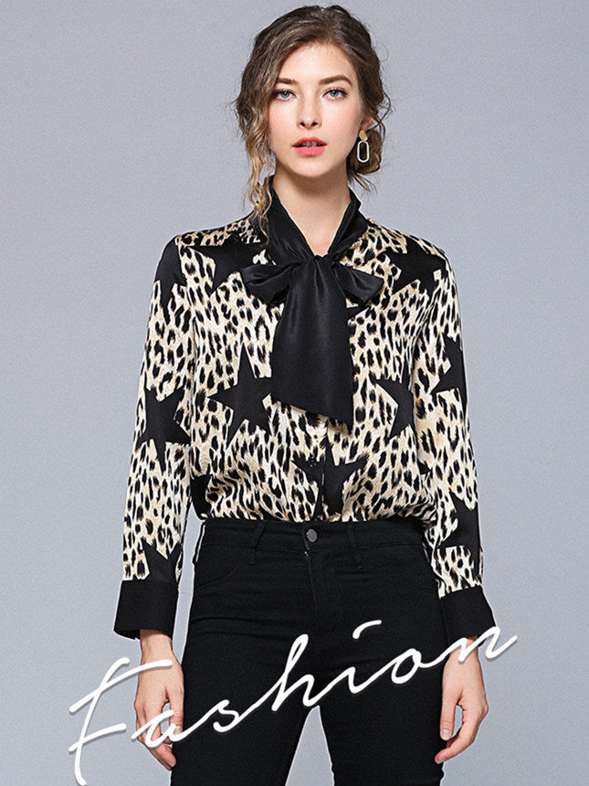 CM-TF051323 Women Elegant European Style Tie Bowknot Stars Leopard Loosen Blouse