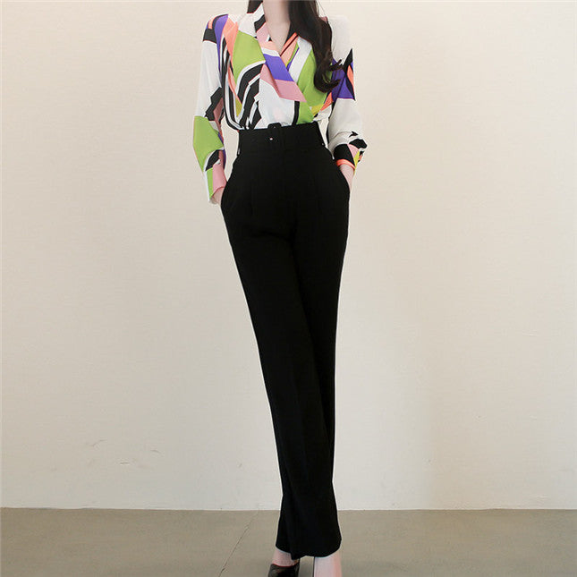 CM-SF051326 Women Modern European Style Blouse With High Waist Long Pants - Set