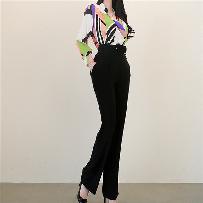 CM-SF051326 Women Modern European Style Blouse With High Waist Long Pants - Set