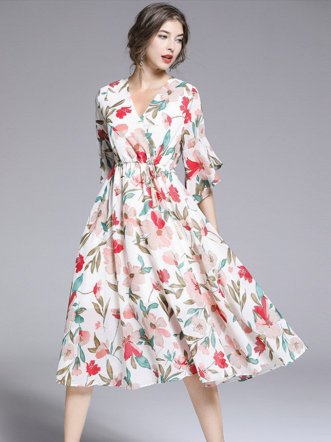 CM-DF051329 Women Casual European Style Summer Tie Waist Floral Chiffon Dress