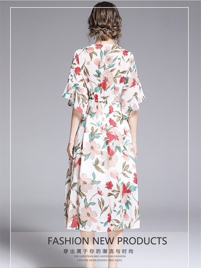 CM-DF051329 Women Casual European Style Summer Tie Waist Floral Chiffon Dress