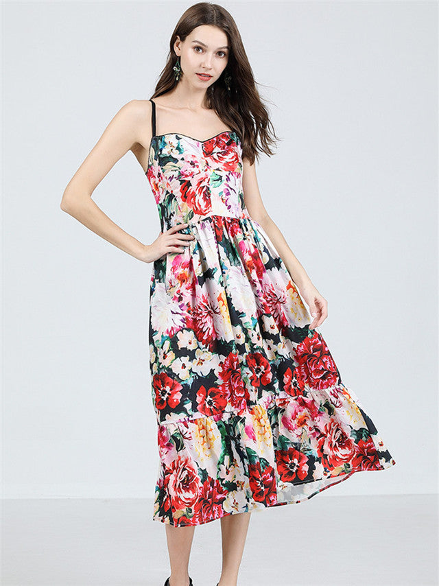 CM-DF051425 Women Retro European Style High Waist Flowers Straps A-Line Long Dress