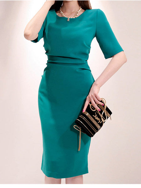 CM-DF051426 Women Elegant Seoul Style Round Neck Pleated Waist Bodycon Dress - Green