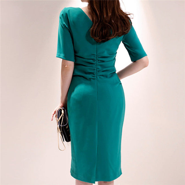CM-DF051426 Women Elegant Seoul Style Round Neck Pleated Waist Bodycon Dress - Green