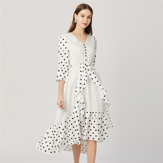 CM-DF051612 Women Casual European Style High Waist V-Neck Dots Flouncing Maxi Dress