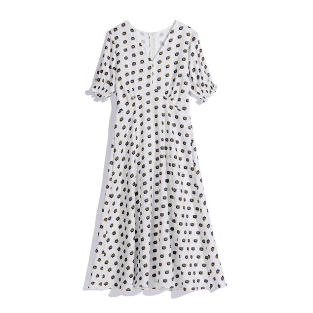 CM-DF051613 Women Casual European Style V-Neck Floral Puff Sleeve A-Line Dress - White