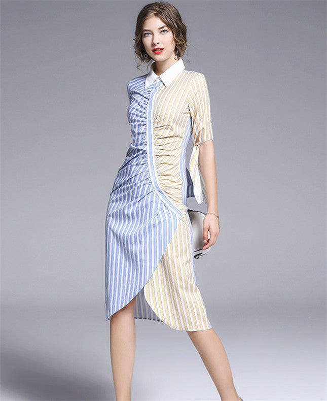 CM-DF051618 Women Casual Seoul Style Half Sleeve Stripes Pleated Slim Mini Dress