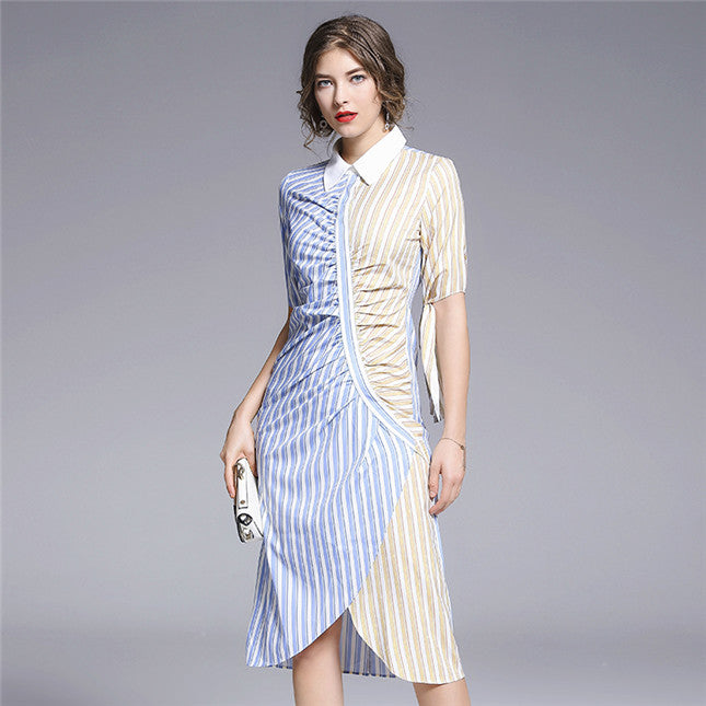 CM-DF051618 Women Casual Seoul Style Half Sleeve Stripes Pleated Slim Mini Dress
