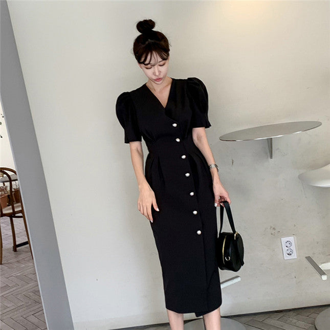 CM-DF051623 Women Casual Seoul Style Single-Breasted V-Neck Puff Sleeve Dress - Black