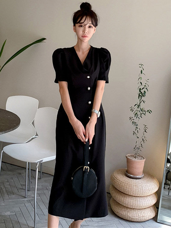 CM-DF051623 Women Casual Seoul Style Single-Breasted V-Neck Puff Sleeve Dress - Black