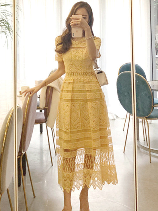 CM-DF051703 Women Elegant Seoul Style Hollow Out Lace A-Line Maxi Dress - Yellow