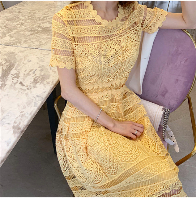 CM-DF051703 Women Elegant Seoul Style Hollow Out Lace A-Line Maxi Dress - Yellow