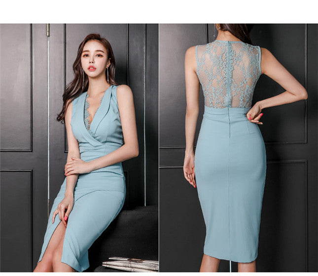 CM-DF051705 Women Casual Seoul Style Lace Splicing V-Neck Skinny Tank Dress - Light Blue