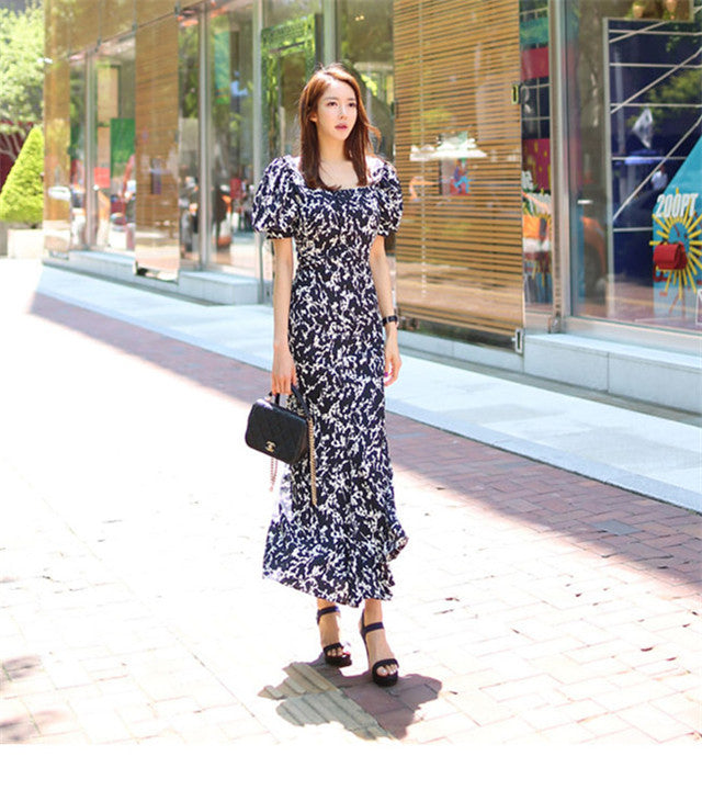 CM-DF052306 Women Casual Seoul Style Square Collar Puff Sleeve Floral Fishtail Maxi Dress