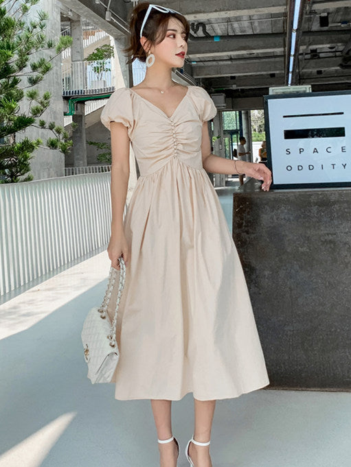 CM-DF052309 Women Casual Seoul Style Summer Pleated V-Neck Puff Sleeve Long Dress - Beige