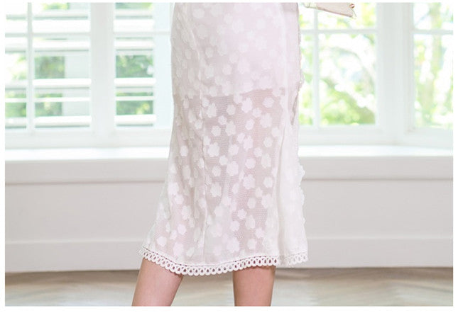 CM-DF052425 Women Elegant Seoul Style Round Neck Hollow Out Lace Fishtail Dress - White