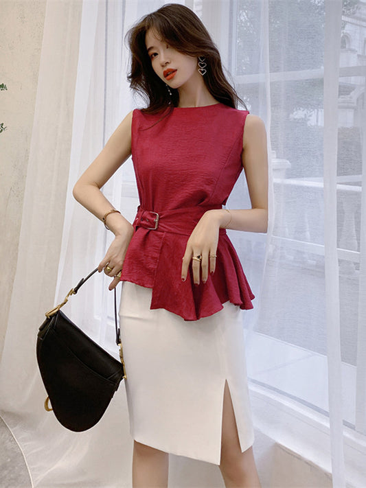 CM-SF052603 Women Elegant European Style Waist Flouncing Tank Tops With Split Midi Skirt - Set