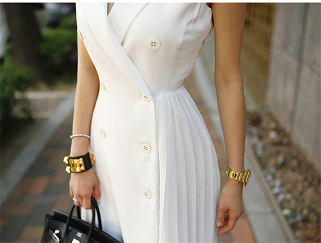 CM-DF053005 Women Elegant Seoul Style Sleeveless Double-Breasted Slim Tank Dress - White