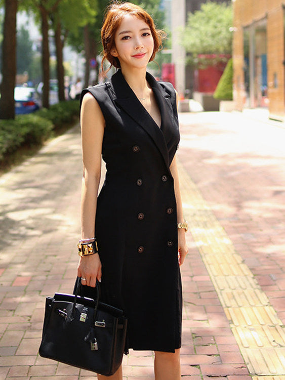 CM-DF053005 Women Elegant Seoul Style Sleeveless Double-Breasted Slim Tank Dress - Black