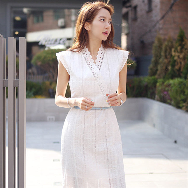 CM-DF053013 Women Casual Seoul Style V-Neck High Waist Fishtail Bodycon Long Dress - White