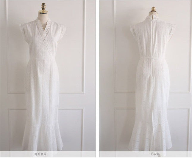 CM-DF053013 Women Casual Seoul Style V-Neck High Waist Fishtail Bodycon Long Dress - White