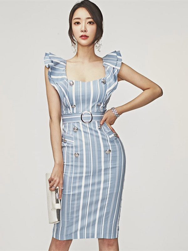 CM-DF053111 Women Elegant Seoul Style Double-Breasted Stripes Flouncing Tank Dress