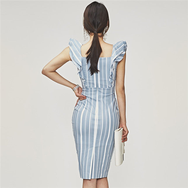 CM-DF053111 Women Elegant Seoul Style Double-Breasted Stripes Flouncing Tank Dress