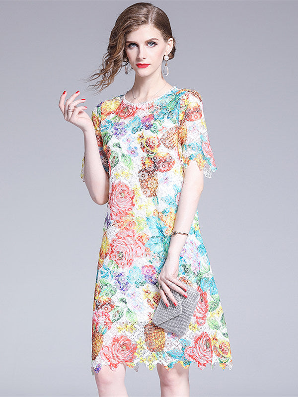 CM-DF053124 Women Chic European Style Lace Floral Hollow Out Loosen A-Line Dress