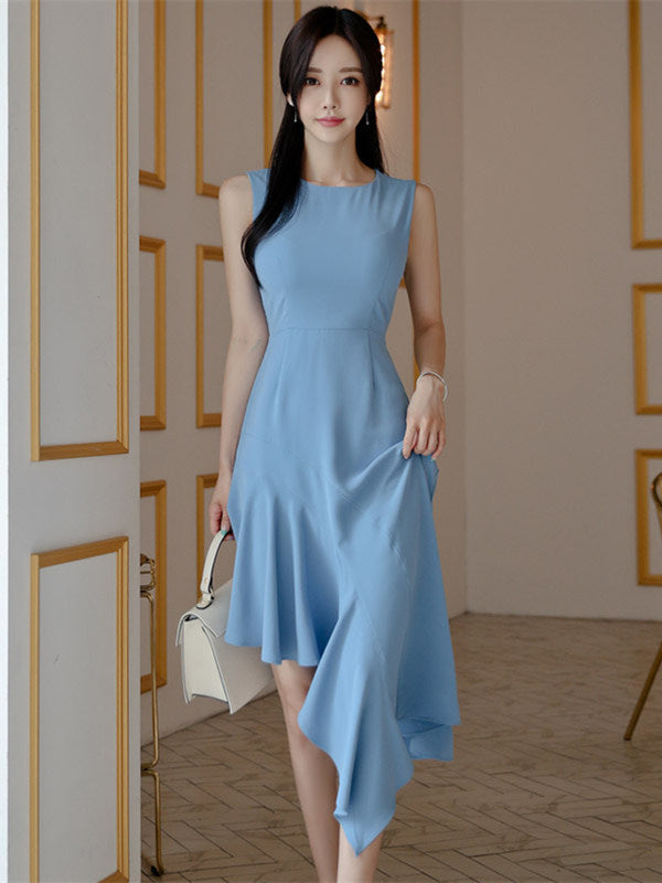 CM-DF060104 Women Casual Seoul Style Round Neck Sloping Fishtail Tank Dress - Blue