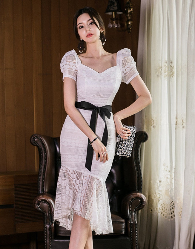 CM-DF060203 Women Elegant Seoul Style Square Collar Fishtail Lace Slim Dress - White