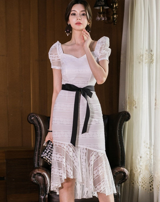 CM-DF060203 Women Elegant Seoul Style Square Collar Fishtail Lace Slim Dress - White