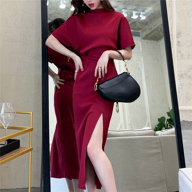 CM-DF060222 Women Elegant Seoul Style Batwing High Waist Split Short Sleeve Dress - Wine Red