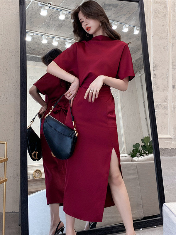 CM-DF060222 Women Elegant Seoul Style Batwing High Waist Split Short Sleeve Dress - Wine Red