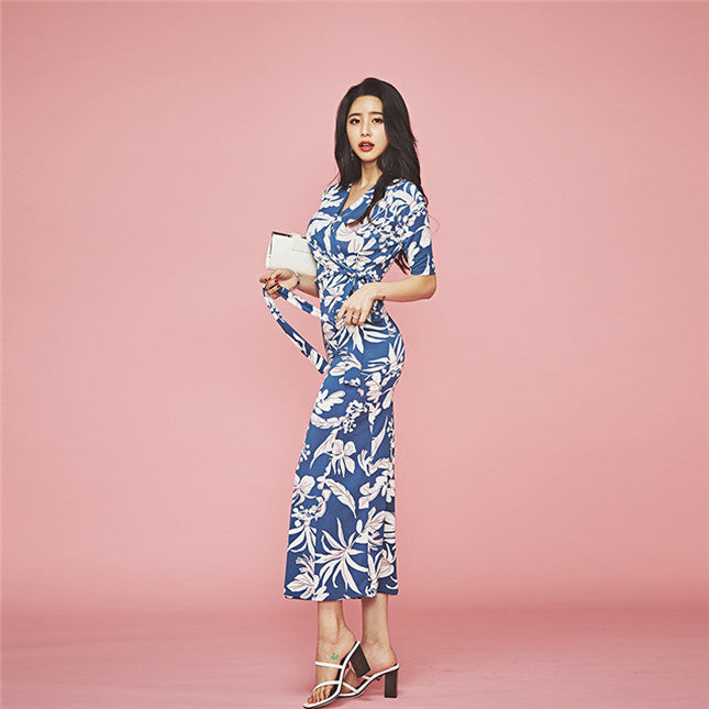 CM-DF060307 Women Casual Seoul Style Summer Tie Waist Floral Split Long Dress