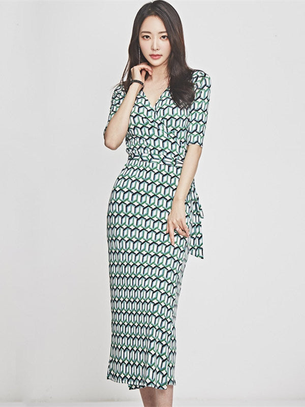 CM-DF060317 Women Casual Seoul Style Half Sleeve Tie Waist V-Neck Plaids Long Dress