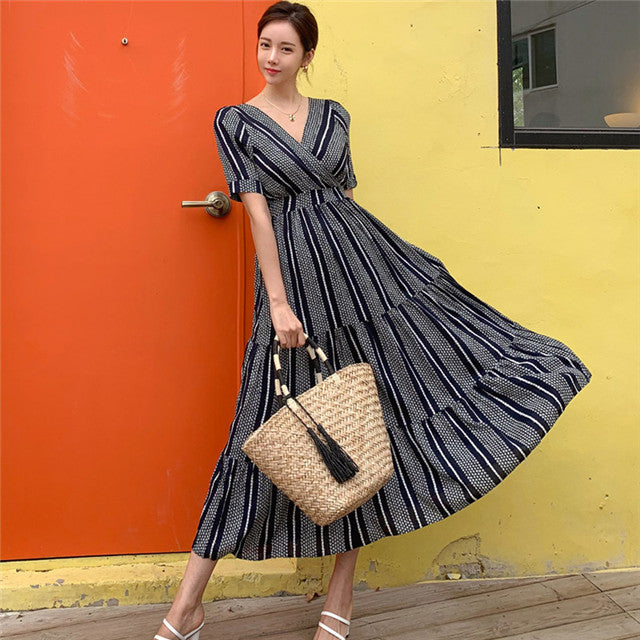 CM-DF060318 Women Casual Retro Style V-Neck Fitted Waist Stripes Fishtail Long Dress