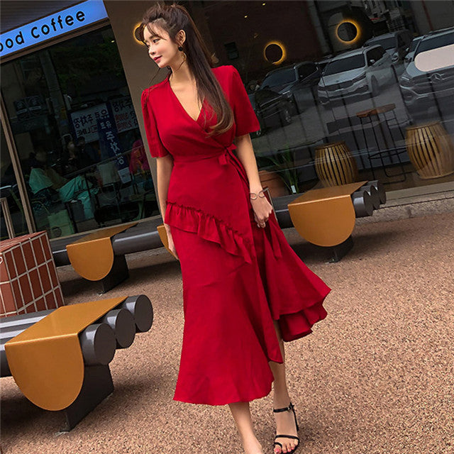 CM-DF060414 Women Casual Seoul Style Tie Waist Flouncing Fishtail Maxi Dress - Wine Red