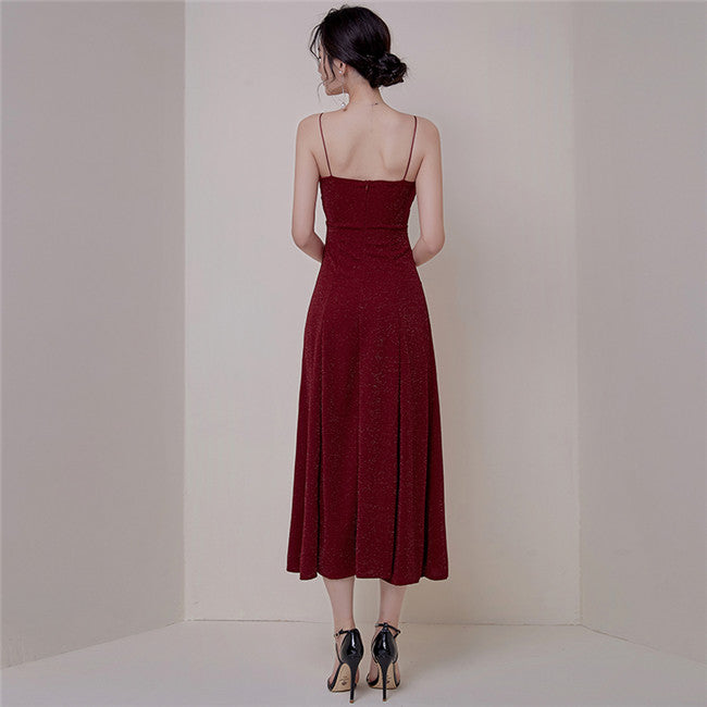 CM-DF060416 Women Elegant European Style Pleated Bust Split Straps Long Dress - Wine Red
