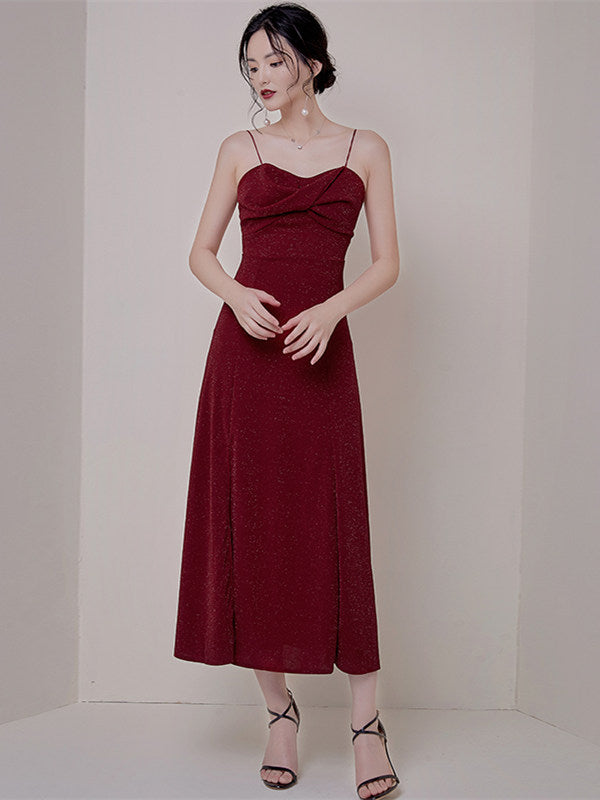 CM-DF060416 Women Elegant European Style Pleated Bust Split Straps Long Dress - Wine Red
