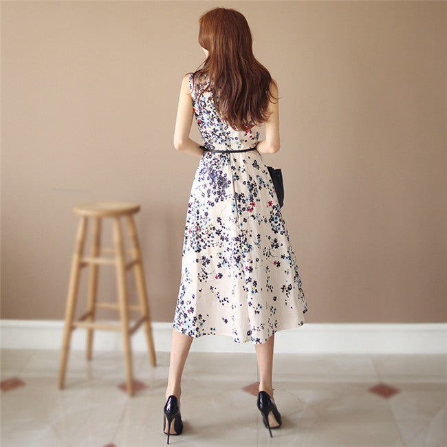 CM-DF060723 Women Casual Seoul Style Sleeveless V-Neck Floral Printing Tank A-Line Dress
