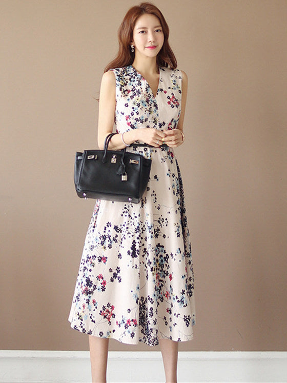 CM-DF060723 Women Casual Seoul Style Sleeveless V-Neck Floral Printing Tank A-Line Dress
