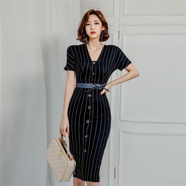 CM-DF061205 Women Casual Seoul Style Single-Breasted Stripes Belt Waist Slim Dress - Black