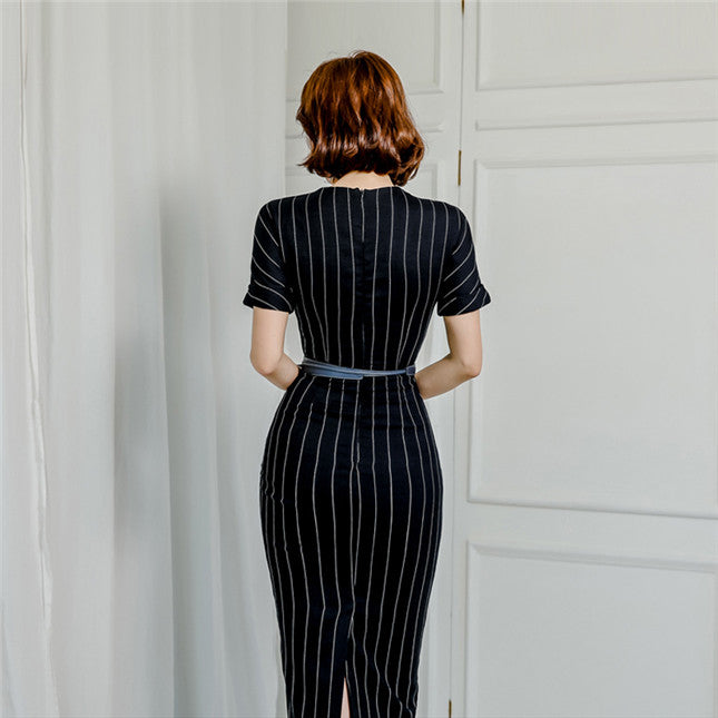 CM-DF061205 Women Casual Seoul Style Single-Breasted Stripes Belt Waist Slim Dress - Black