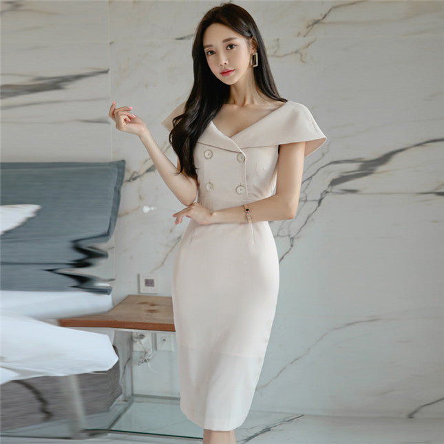 CM-DF061223 Women Elegant Seoul Style Double-Breasted Wraps Shoulder Bodycon Dress - Apricot