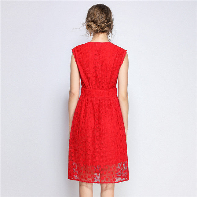 CM-DF061323 Women Charming European Style Single-Breasted V-Neck Lace Tank Dress - Red