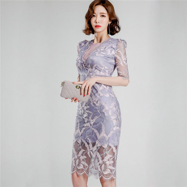 CM-DF061427 Women Elegant European Style V-Neck Lace Floral Bodycon Dress - Light Purple