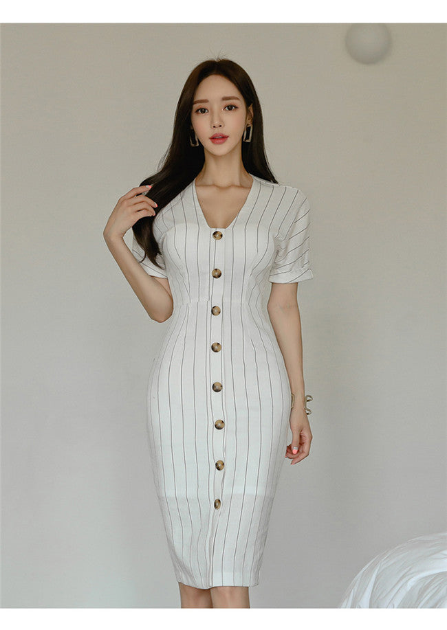 CM-DF061428 Women Casual Seoul Style Single-Breasted Stripes Tie Waist Slim Dress