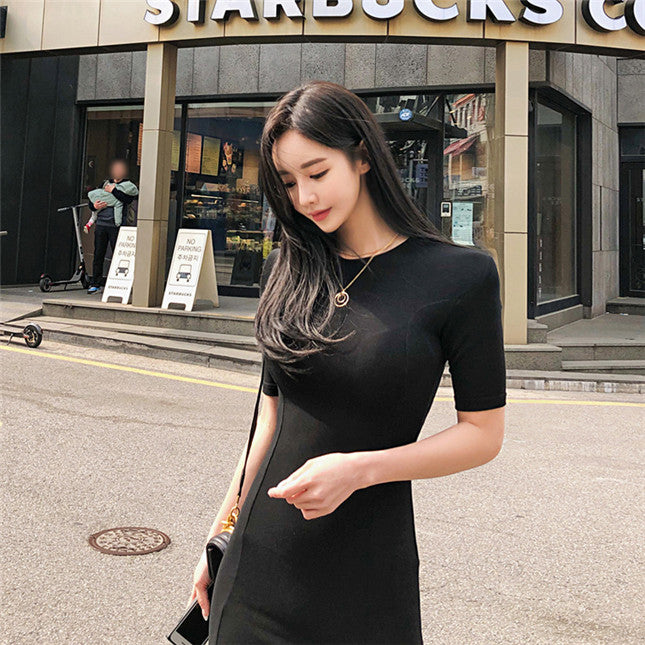 CM-DF061429 Women Casual Seoul Style Round Neck Short Sleeve Split Cotton Dress - Black