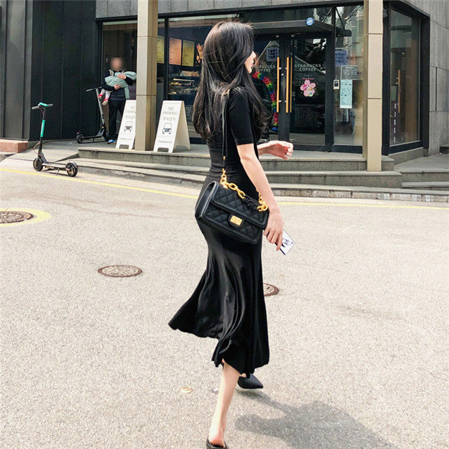 CM-DF061429 Women Casual Seoul Style Round Neck Short Sleeve Split Cotton Dress - Black