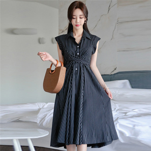 CM-DF061821 Women Casual Seoul Style Shirt Collar Stripes Sleeveless A-Line Dress - Black
